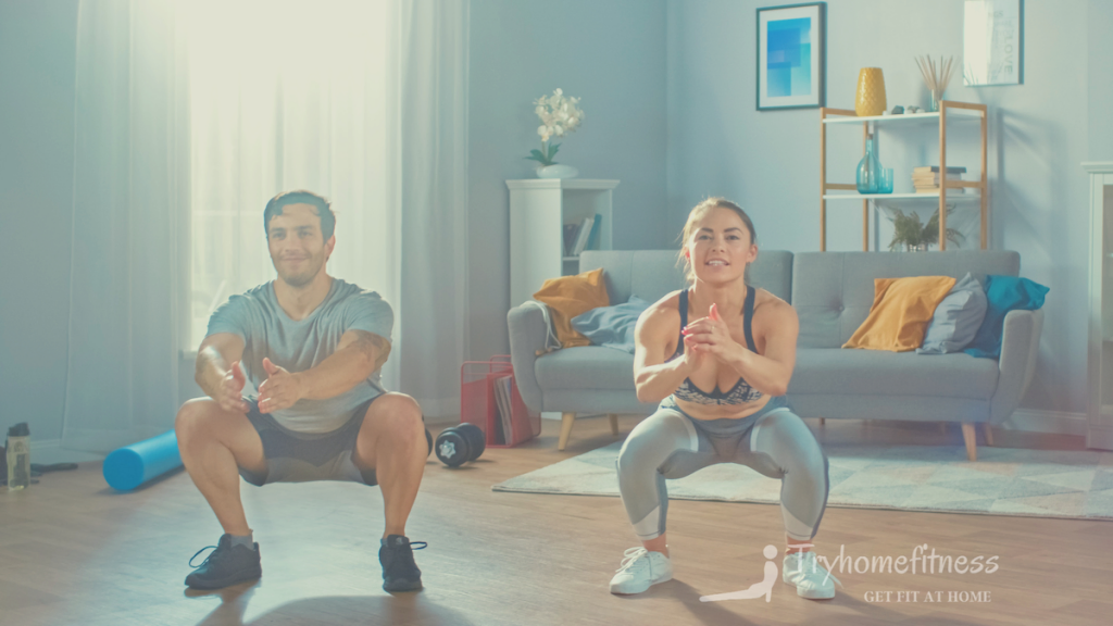 Couple doing squats at home