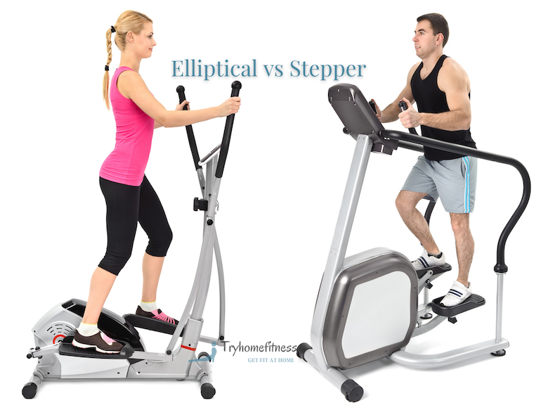 Woman on a elliptical trainer facing a man on a stair stepper machine