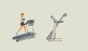 best folding treadmill, 1 image with a girl running on it and another folded