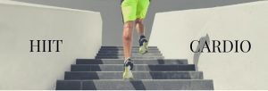 Man runnning up stairs outside with HIIT vs Cardio figured on the walls