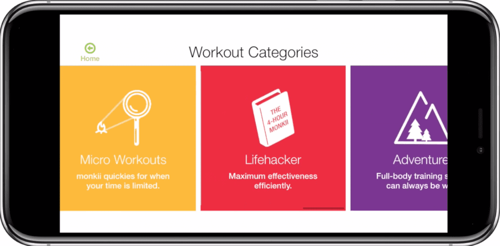 Monkii Bars app showing categories on a smart phone