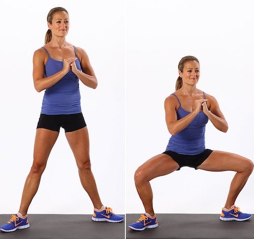 2 images of woman doing sumo squat underbutt exercise