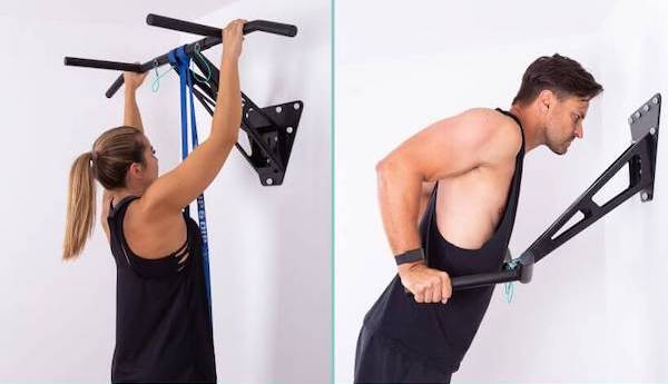 2 images showing woman doing pull-ups and man dips indoors